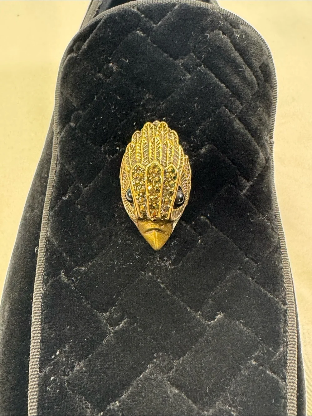 Kurt Geiger Black Velvet Slip-On Loafers with Gold Bird Emblem